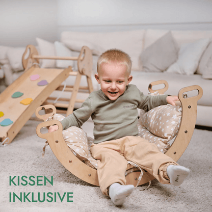 Montessori 4in1 Kletterdreieck für Babys - Pikler-Dreieck mit Bogen, Kissen & Rutsche (Beige)