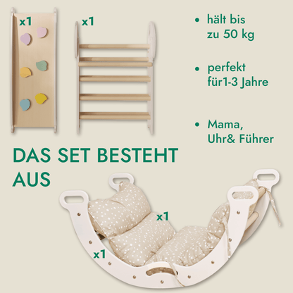 Montessori 4in1 Kletterdreieck für Babys - Pikler-Dreieck mit Bogen, Kissen & Rutsche (Beige)