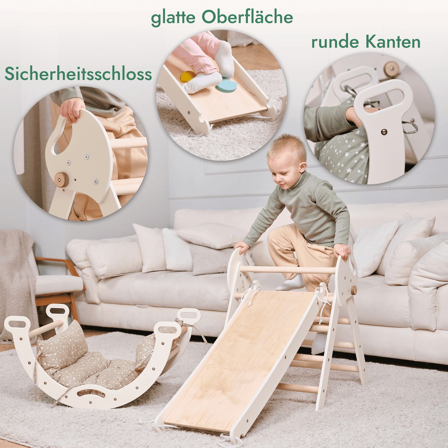 Montessori 4in1 Kletterdreieck für Babys - Pikler-Dreieck mit Bogen, Kissen & Rutsche (Beige)