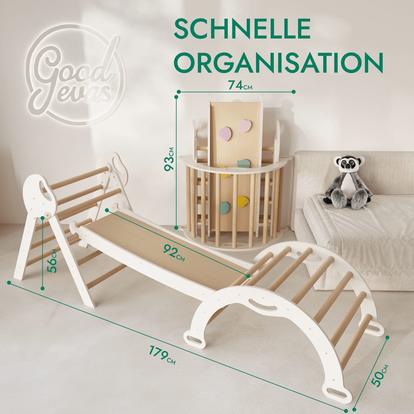 Montessori 4in1 Kletterdreieck für Babys - Pikler-Dreieck mit Bogen, Kissen & Rutsche (Beige)