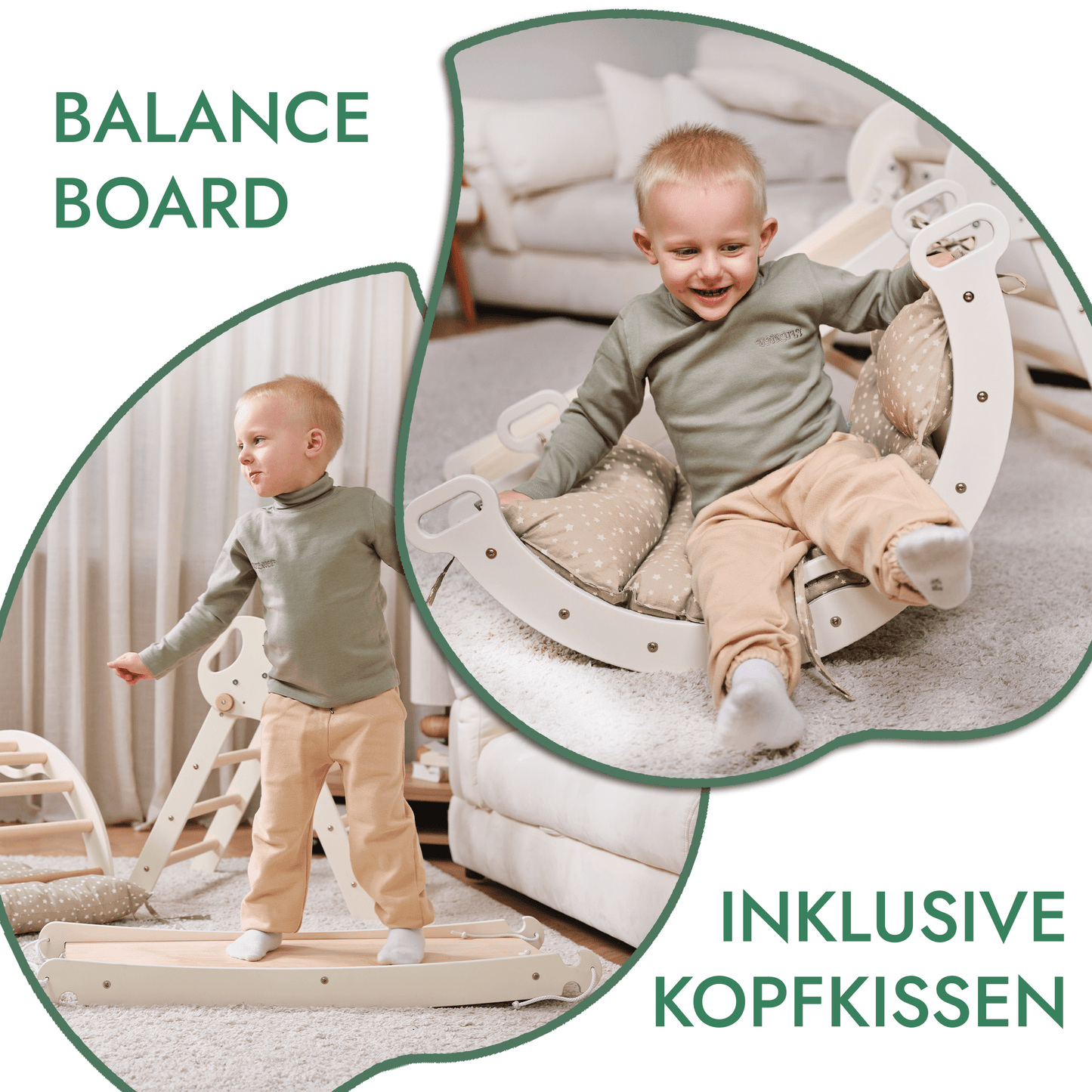 Montessori 4in1 Kletterdreieck für Babys - Pikler-Dreieck mit Bogen, Kissen & Rutsche (Beige)