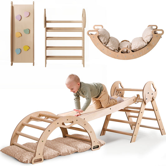 Montessori 4in1 Kletterdreieck für Babys - Pikler-Dreieck mit Bogen, Kissen & Rutsche (Beige)