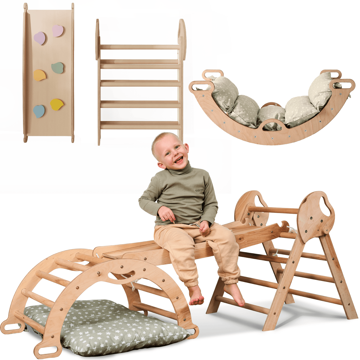 Montessori 4in1 Kletterdreieck für Babys - Pikler-Dreieck mit Bogen, Kissen & Rutsche (Beige)
