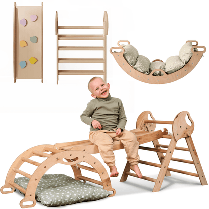 Montessori 4in1 Kletterdreieck für Babys - Pikler-Dreieck mit Bogen, Kissen & Rutsche (Beige)
