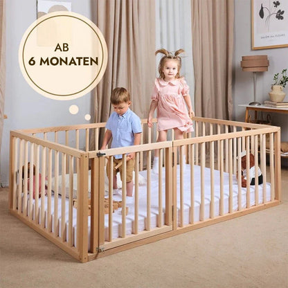 Montessori Bodenbett Holz - Hausbett & Laufstall mit Betthimmel ab 6 Monaten