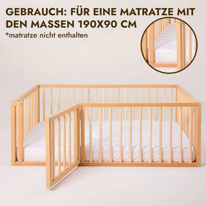 Montessori Bodenbett Holz - Hausbett & Laufstall mit Betthimmel ab 6 Monaten