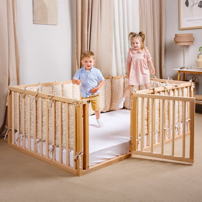 Montessori Bodenbett Holz - Hausbett & Laufstall mit Betthimmel ab 6 Monaten
