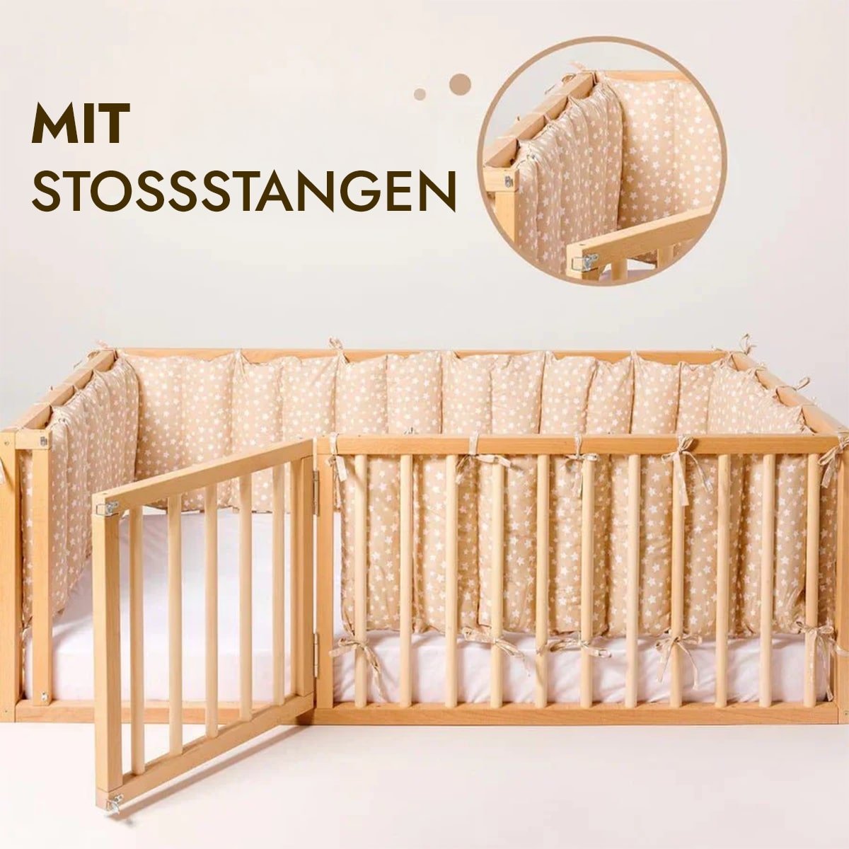 Montessori Bodenbett Holz - Hausbett & Laufstall mit Betthimmel ab 6 Monaten