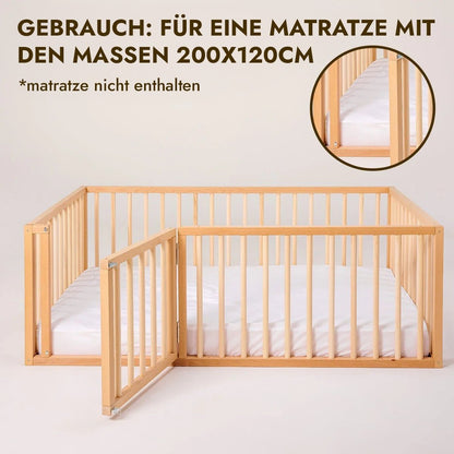 Montessori Bodenbett Holz - Hausbett & Laufstall mit Betthimmel ab 6 Monaten