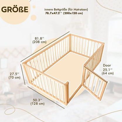 Montessori Bodenbett Holz - Hausbett & Laufstall mit Betthimmel ab 6 Monaten