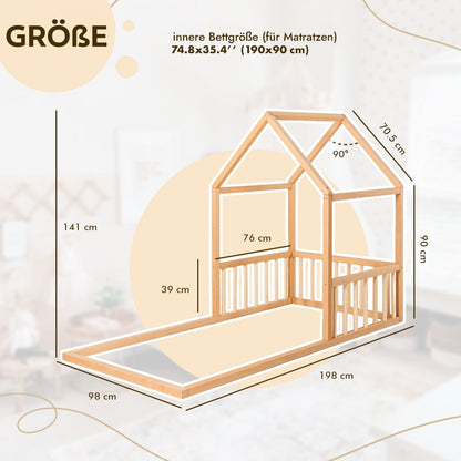 Montessori Kinderbett Holz - Hausbett & Bodenbett mit Betthimmel ab 2 Jahren (190x90 cm)