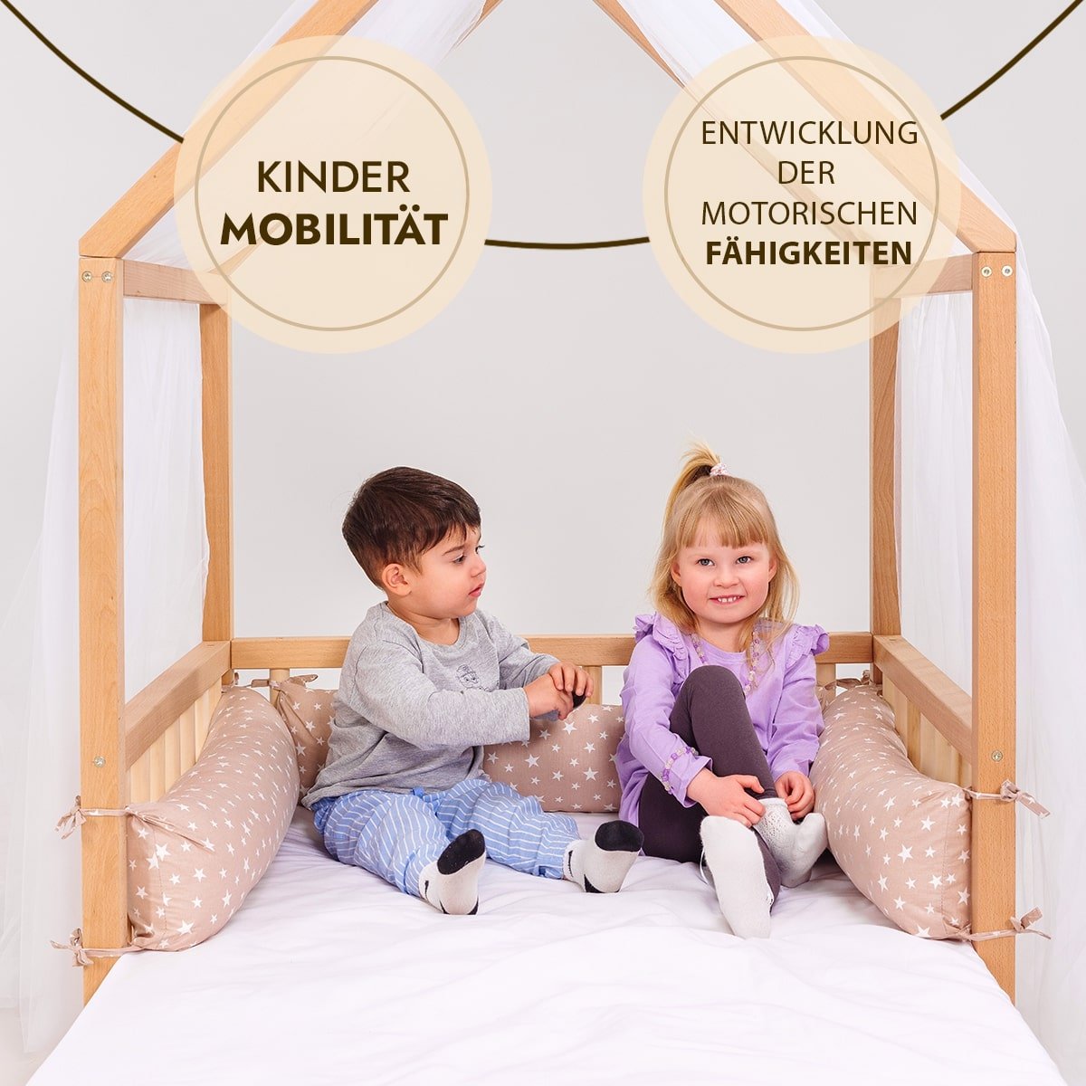 Montessori Kinderbett Holz - Hausbett & Bodenbett mit Betthimmel ab 2 Jahren (190x90 cm)