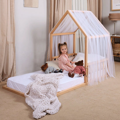 Montessori Kinderbett Holz - Hausbett & Bodenbett mit Betthimmel ab 2 Jahren (190x90 cm)