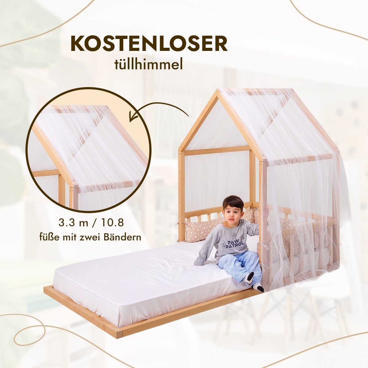 Montessori Kinderbett Holz - Hausbett & Bodenbett mit Betthimmel ab 2 Jahren (190x90 cm)