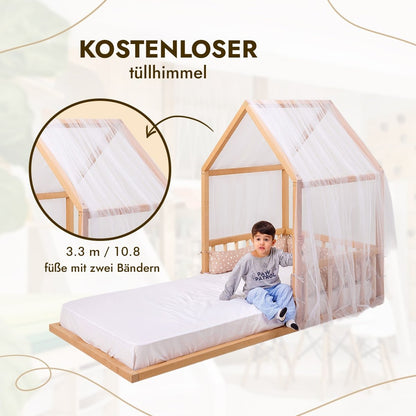 Montessori Kinderbett Holz - Hausbett & Bodenbett mit Betthimmel ab 2 Jahren (190x90 cm)