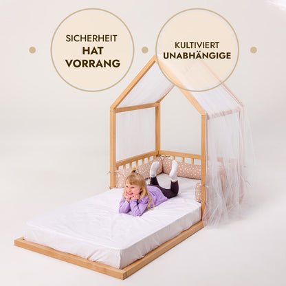 Montessori Kinderbett Holz - Hausbett & Bodenbett mit Betthimmel ab 2 Jahren (190x90 cm)