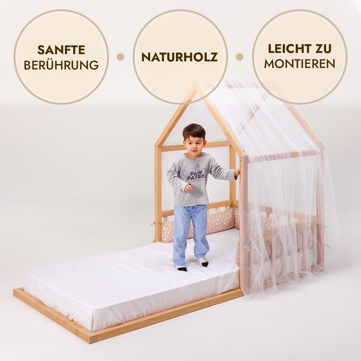 Montessori Kinderbett Holz - Hausbett & Bodenbett mit Betthimmel ab 2 Jahren (190x90 cm)