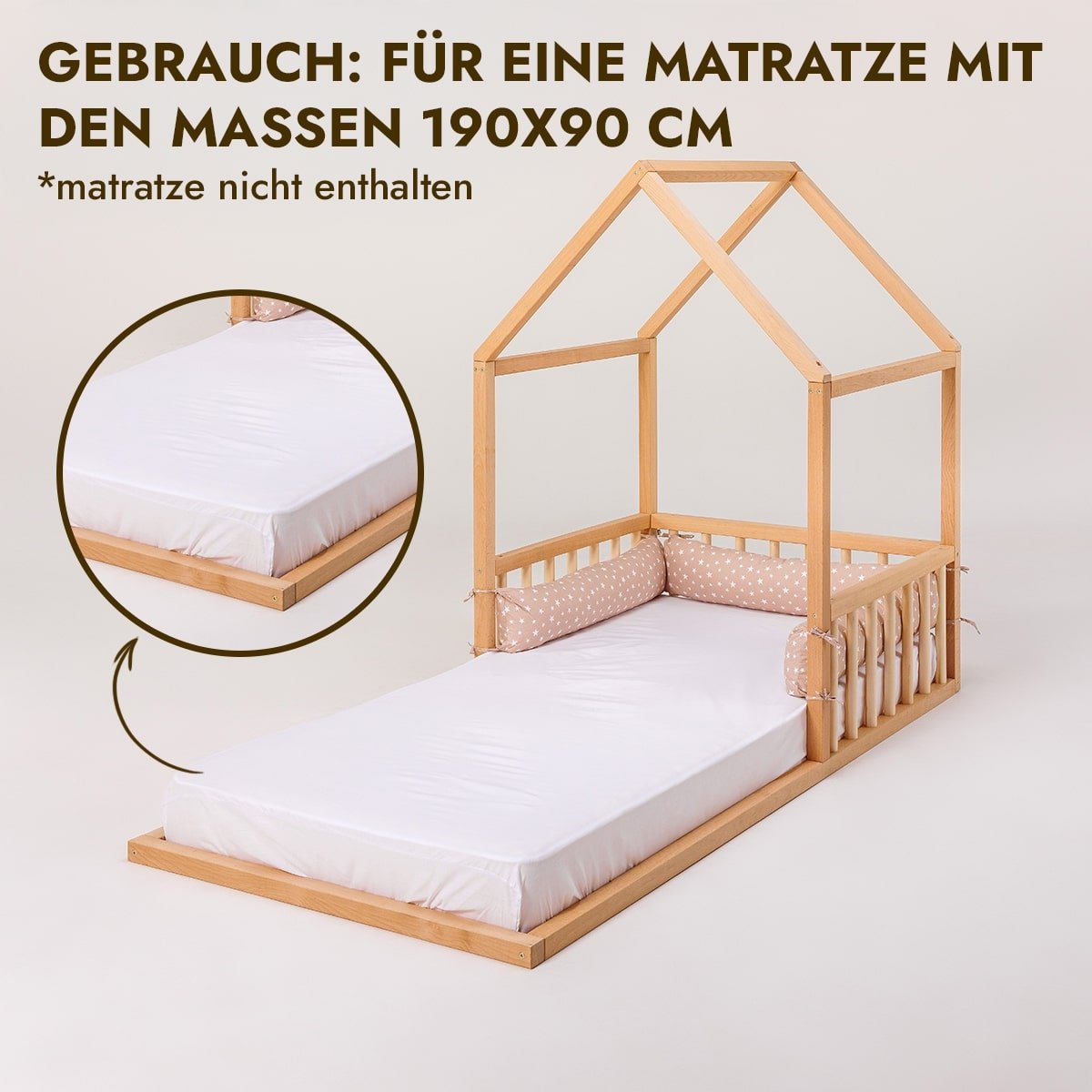 Montessori Kinderbett Holz - Hausbett & Bodenbett mit Betthimmel ab 2 Jahren (190x90 cm)