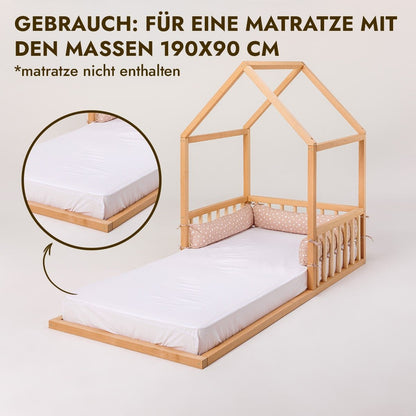 Montessori Kinderbett Holz - Hausbett & Bodenbett mit Betthimmel ab 2 Jahren (190x90 cm)