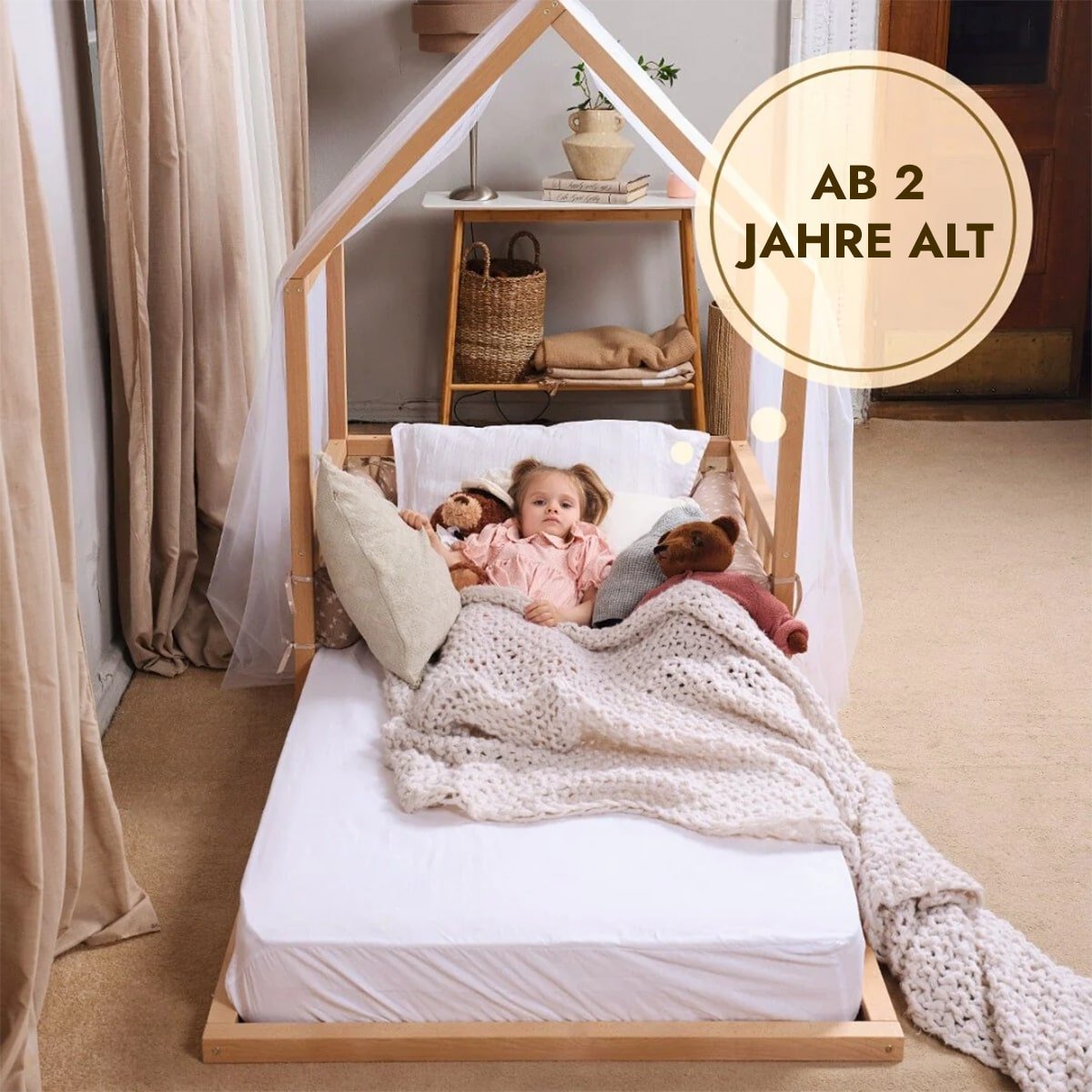 Montessori Kinderbett Holz - Hausbett & Bodenbett mit Betthimmel ab 2 Jahren (190x90 cm)