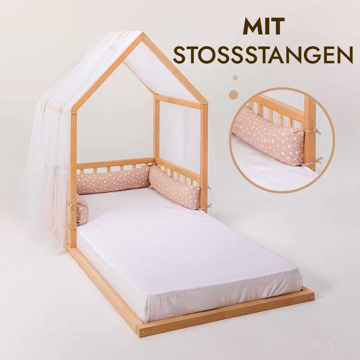 Montessori Kinderbett Holz - Hausbett & Bodenbett mit Betthimmel ab 2 Jahren (190x90 cm)