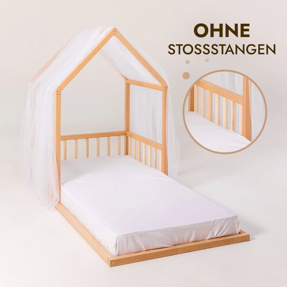 Montessori Kinderbett Holz - Hausbett & Bodenbett mit Betthimmel ab 2 Jahren (190x90 cm)