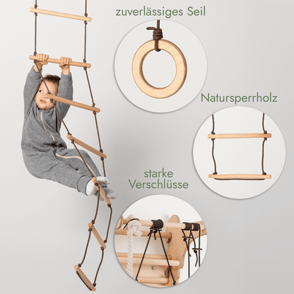 Set aus drei Schaukeln Holz - Tellerschaukel, Turnringe & Strickleiter für Kinder