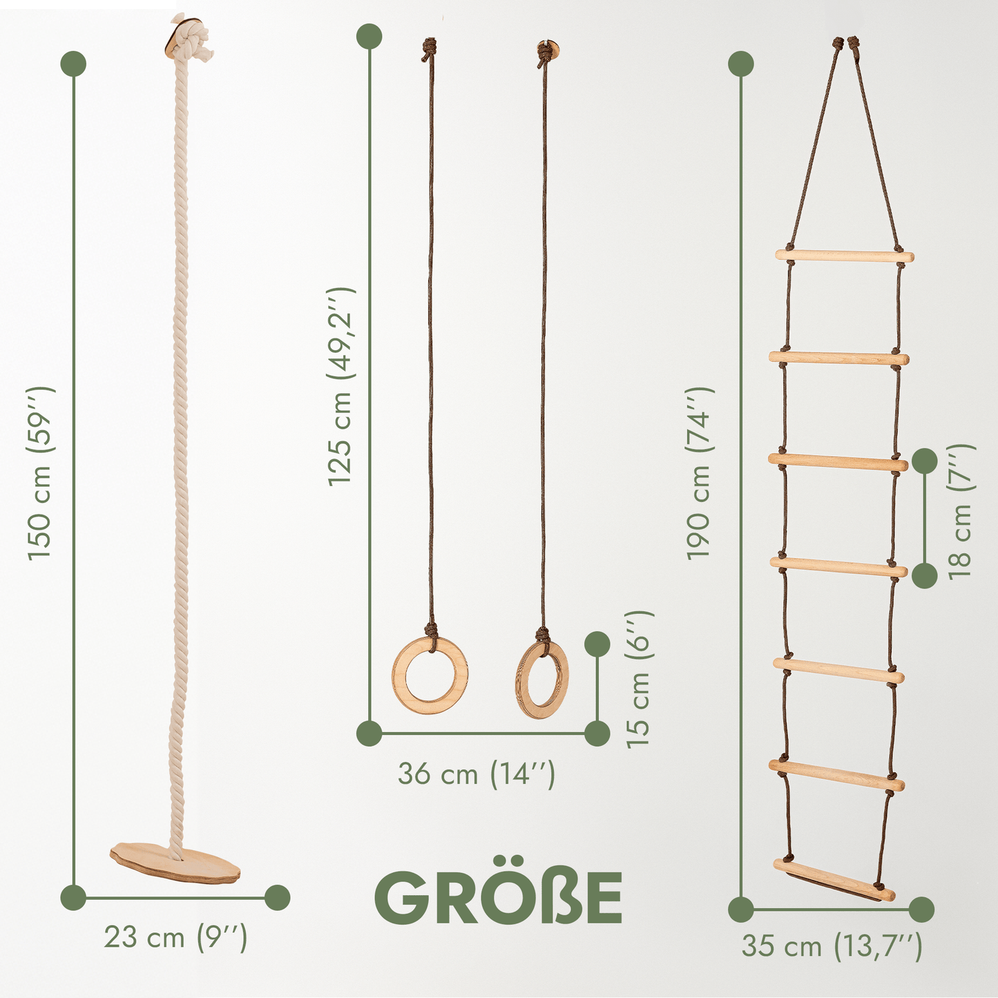 Set aus drei Schaukeln Holz - Tellerschaukel, Turnringe & Strickleiter für Kinder