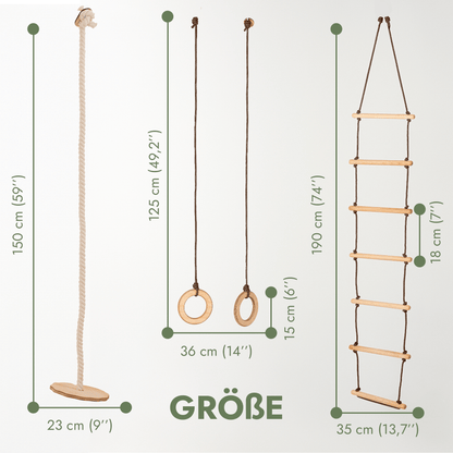Set aus drei Schaukeln Holz - Tellerschaukel, Turnringe & Strickleiter für Kinder