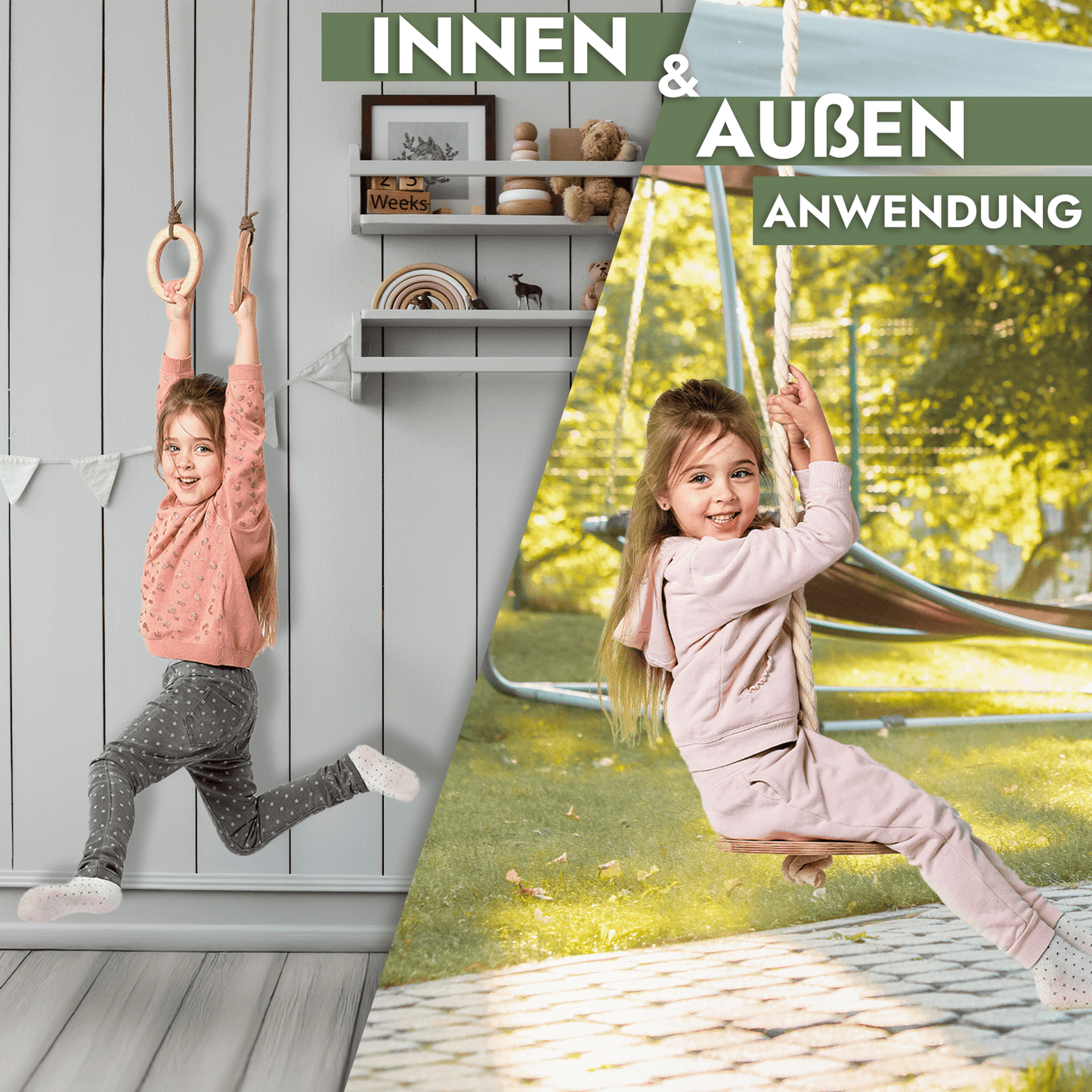 Set aus drei Schaukeln Holz - Tellerschaukel, Turnringe & Strickleiter für Kinder