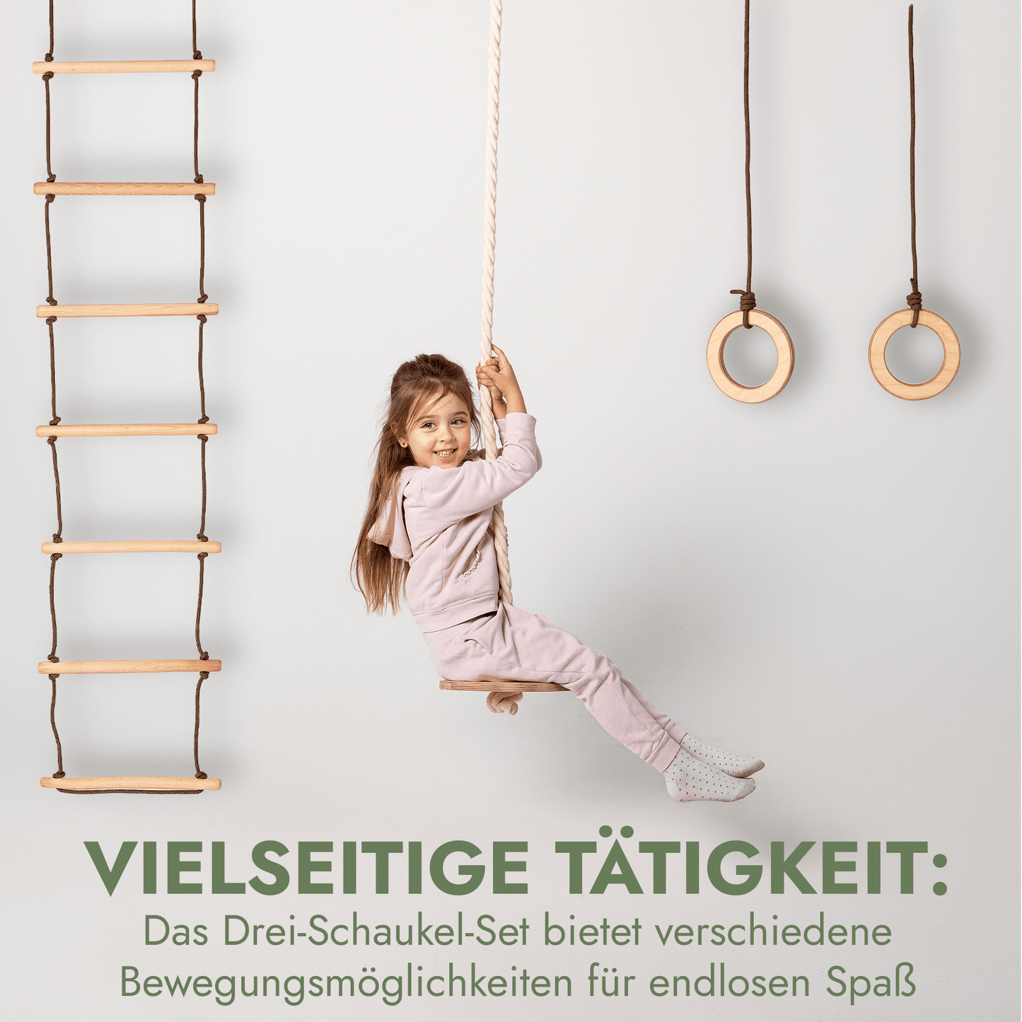 Set aus drei Schaukeln Holz - Tellerschaukel, Turnringe & Strickleiter für Kinder