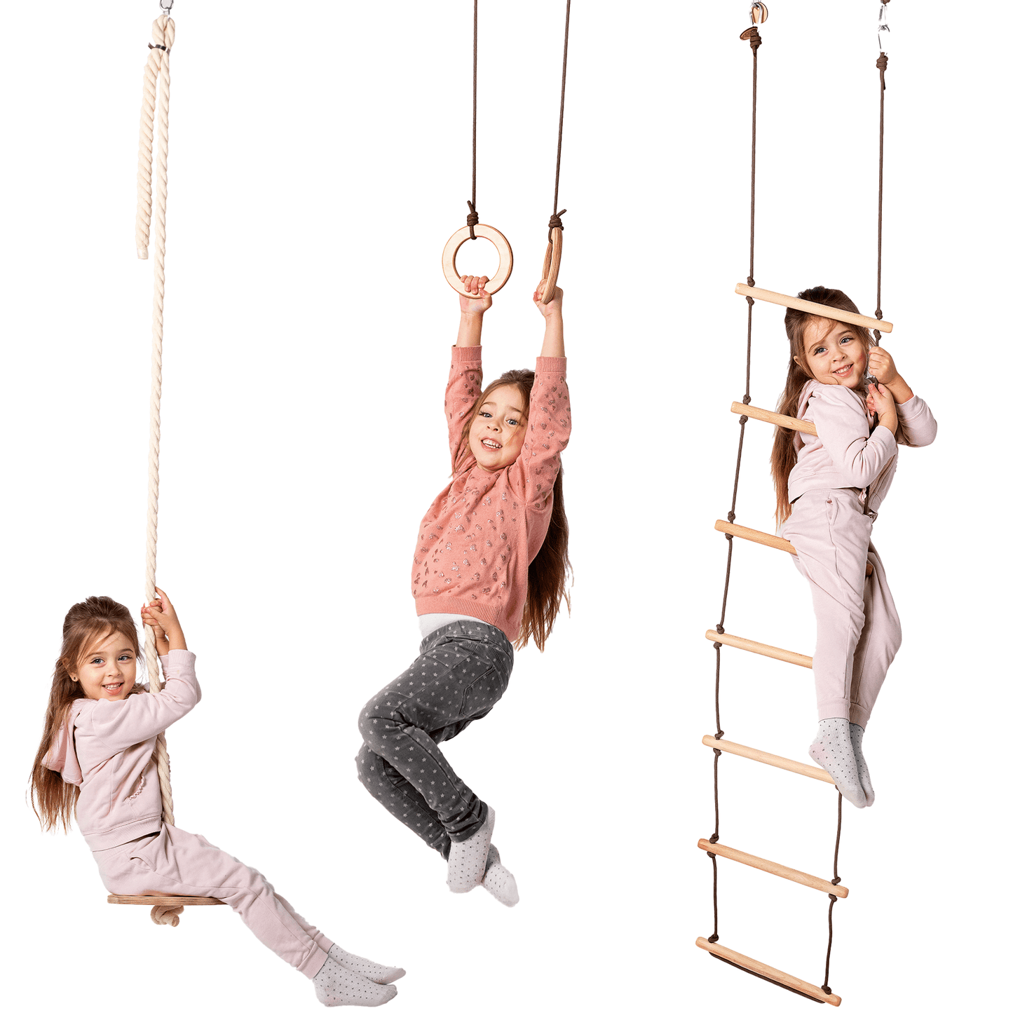 Set aus drei Schaukeln Holz - Tellerschaukel, Turnringe & Strickleiter für Kinder