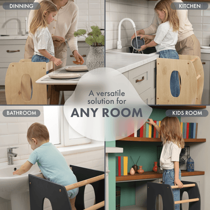 Stabiler Montessori Lernturm Holz - Mitwachsender Küchenhelfer & Tritthocker (Beige)