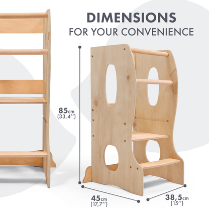 Stabiler Montessori Lernturm Holz - Mitwachsender Küchenhelfer & Tritthocker (Beige)