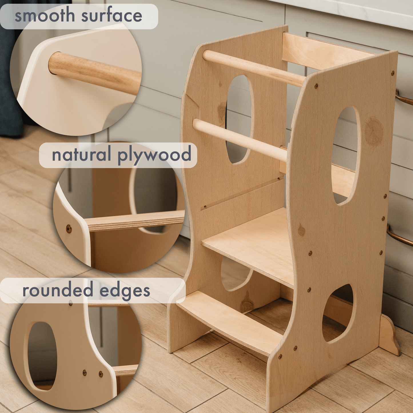 Stabiler Montessori Lernturm Holz - Mitwachsender Küchenhelfer & Tritthocker (Beige)