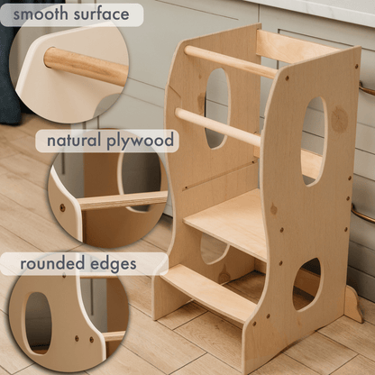 Stabiler Montessori Lernturm Holz - Mitwachsender Küchenhelfer & Tritthocker (Beige)