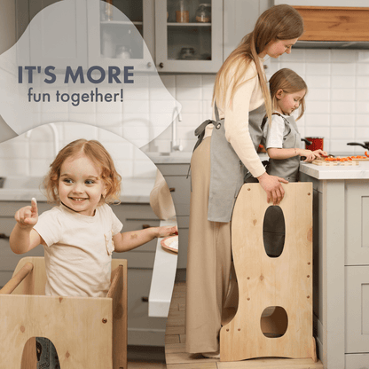 Stabiler Montessori Lernturm Holz - Mitwachsender Küchenhelfer & Tritthocker (Beige)
