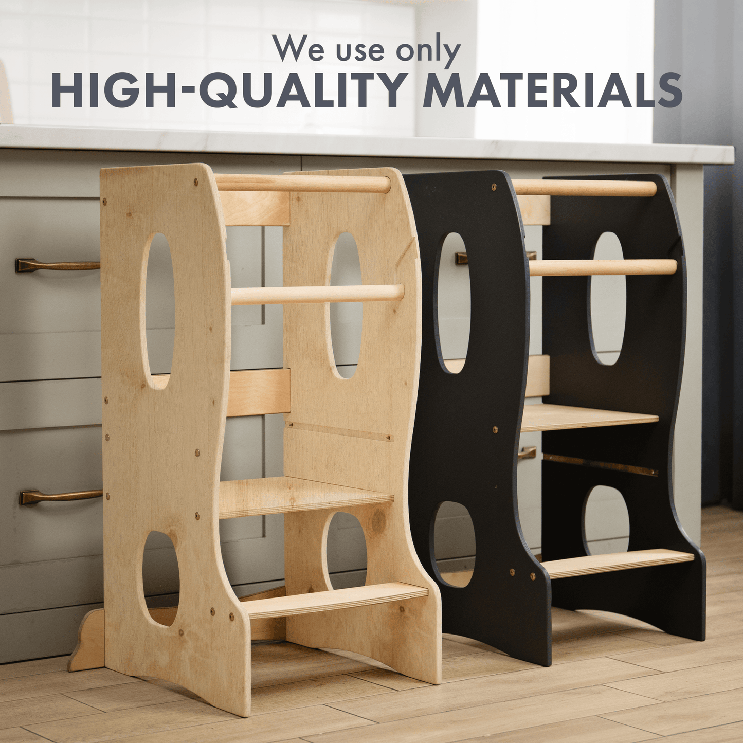 Stabiler Montessori Lernturm Holz - Mitwachsender Küchenhelfer & Tritthocker (Beige)