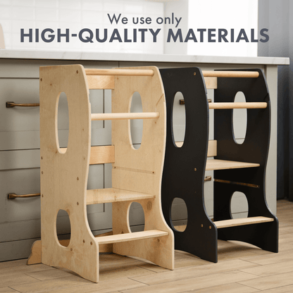 Stabiler Montessori Lernturm Holz - Mitwachsender Küchenhelfer & Tritthocker (Beige)