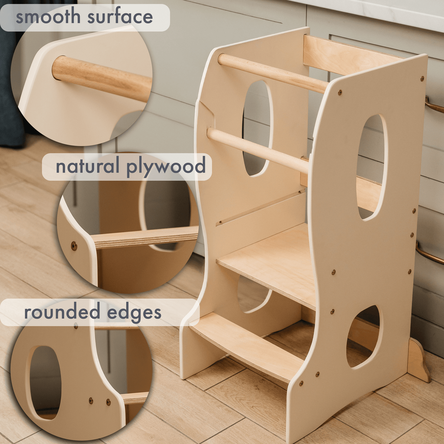 Stabiler Montessori Lernturm Holz - Mitwachsender Küchenhelfer & Tritthocker (Elfenbein)