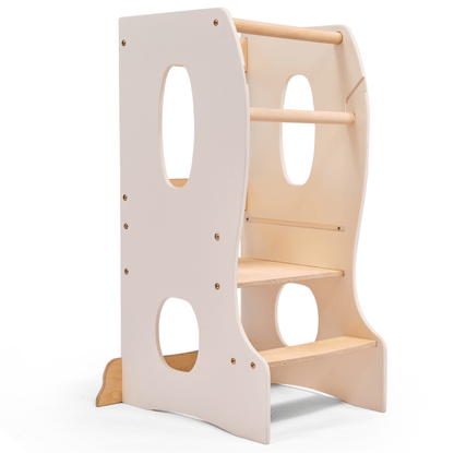 Stabiler Montessori Lernturm Holz - Mitwachsender Küchenhelfer & Tritthocker (Elfenbein)