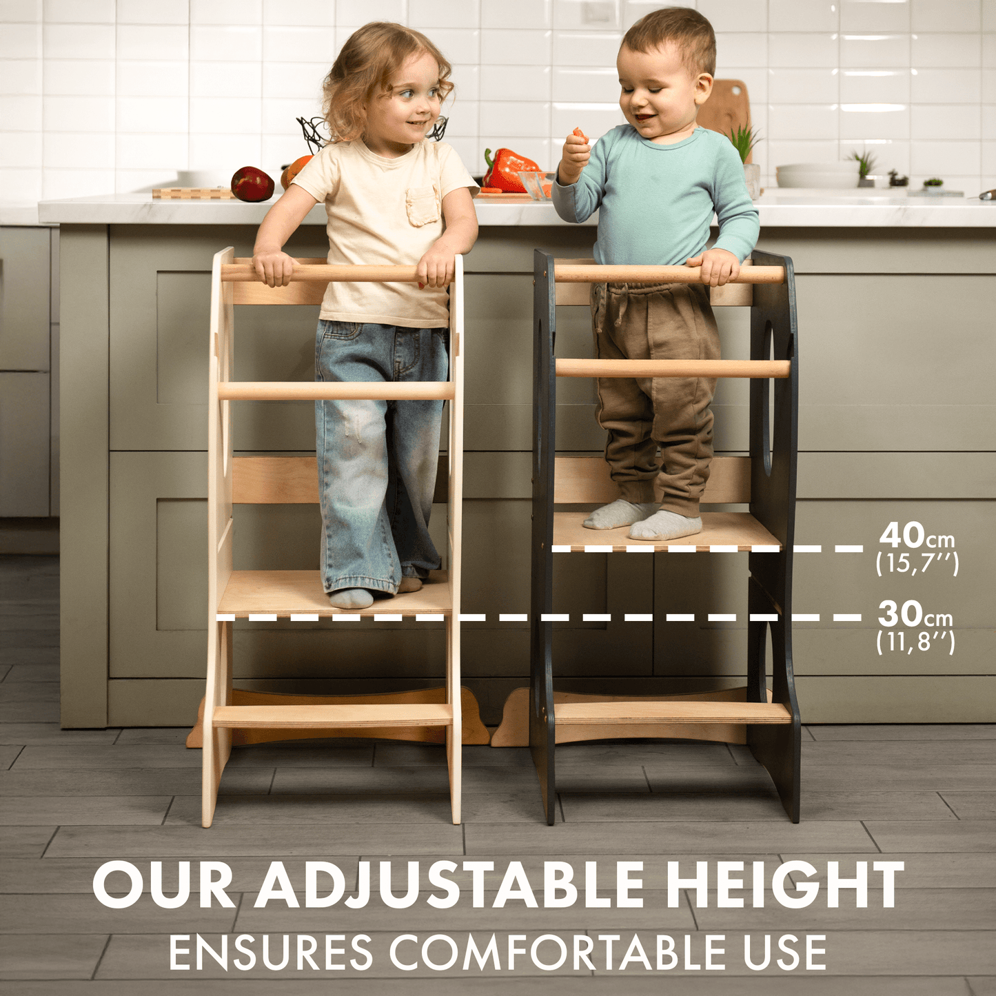 Stabiler Montessori Lernturm Holz - Mitwachsender Küchenhelfer & Tritthocker (Elfenbein)