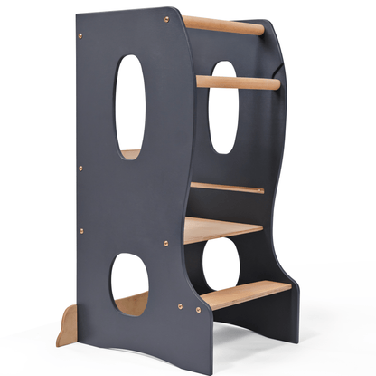 Stabiler Montessori Lernturm - Mitwachsender Küchenhelfer aus Holz (Grau)